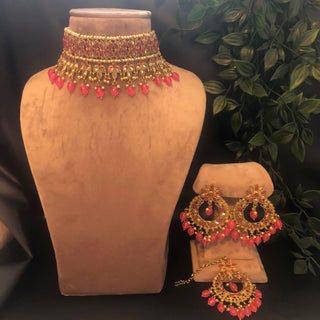 Pearly Necklace Set (Necklace Earrings Tikka) - Hot Pink - Necklace Set