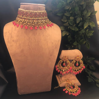 Pearly Necklace Set (Necklace Earrings Tikka) - Hot Pink - Necklace Set