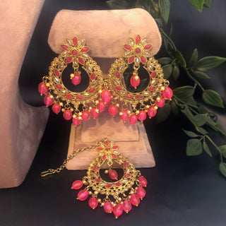 Pearly Necklace Set (Necklace Earrings Tikka) - Hot Pink - Necklace Set