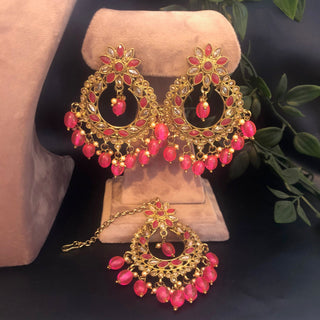 Pearly Necklace Set (Necklace Earrings Tikka) - Hot Pink - Necklace Set