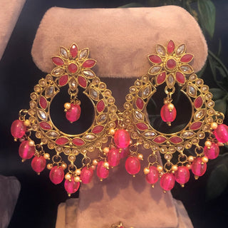 Pearly Necklace Set (Necklace Earrings Tikka) - Hot Pink - Necklace Set