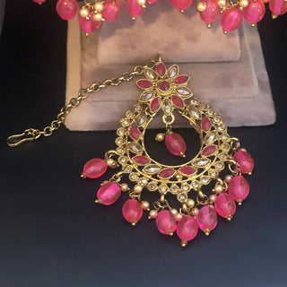 Pearly Necklace Set (Necklace Earrings Tikka) - Hot Pink - Necklace Set