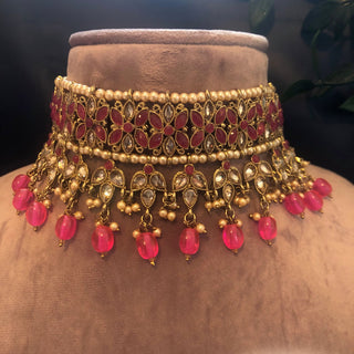 Pearly Necklace Set (Necklace Earrings Tikka) - Hot Pink - Necklace Set