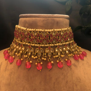 Pearly Necklace Set (Necklace Earrings Tikka) - Hot Pink - Necklace Set