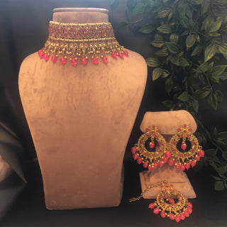 Pearly Necklace Set (Necklace Earrings Tikka) - Hot Pink - Necklace Set