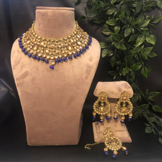 Pearly Necklace Set (Necklace Earrings Tikka) - Golden / Blue - Necklace Set