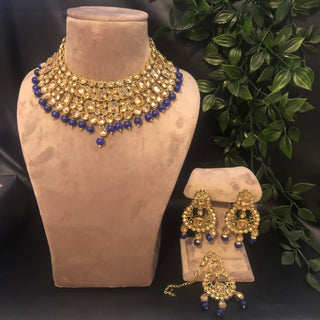 Pearly Necklace Set (Necklace Earrings Tikka) - Golden / Blue - Necklace Set