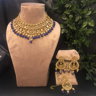 Pearly Necklace Set (Necklace Earrings Tikka) - Golden / Blue - Necklace Set