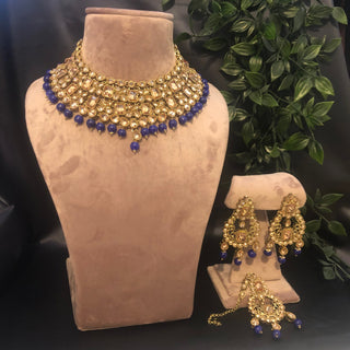 Pearly Necklace Set (Necklace Earrings Tikka) - Golden / Blue - Necklace Set
