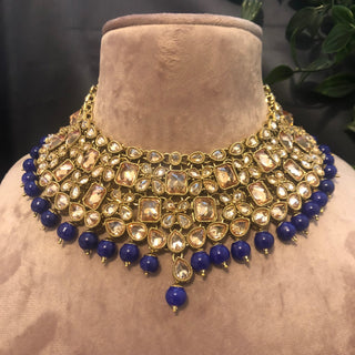 Pearly Necklace Set (Necklace Earrings Tikka) - Golden / Blue - Necklace Set