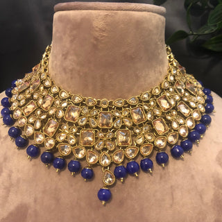 Pearly Necklace Set (Necklace Earrings Tikka) - Golden / Blue - Necklace Set
