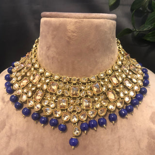 Pearly Necklace Set (Necklace Earrings Tikka) - Golden / Blue - Necklace Set