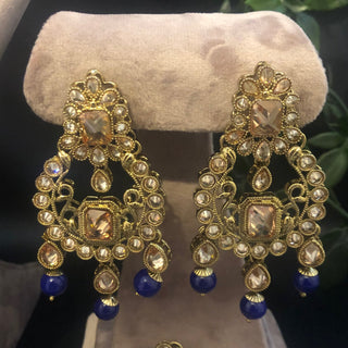 Pearly Necklace Set (Necklace Earrings Tikka) - Golden / Blue - Necklace Set