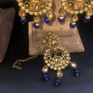 Pearly Necklace Set (Necklace Earrings Tikka) - Golden / Blue - Necklace Set