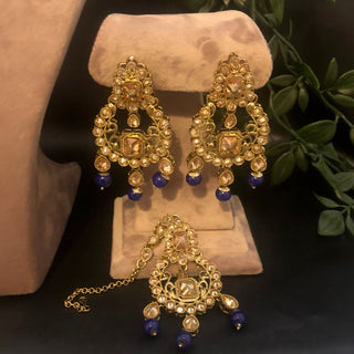 Pearly Necklace Set (Necklace Earrings Tikka) - Golden / Blue - Necklace Set