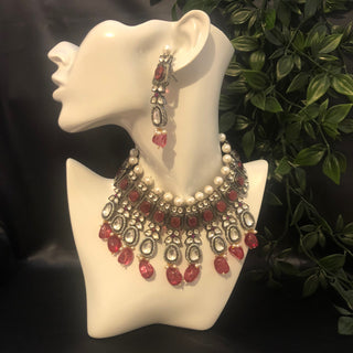 Kundan Necklace Set (Necklace Earrings) - Golden / Ruby (Limited Edition) - Necklace Set