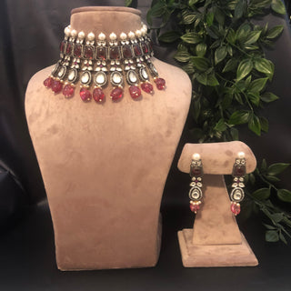 Kundan Necklace Set (Necklace Earrings) - Golden / Ruby (Limited Edition) - Necklace Set