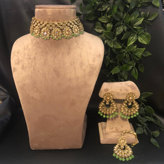Pearly Antique Gold Necklace Set (Necklace Earrings Tikka) - Golden / Mint - Necklace Set