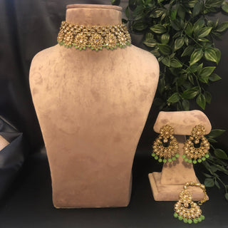 Pearly Antique Gold Necklace Set (Necklace Earrings Tikka) - Golden / Mint - Necklace Set