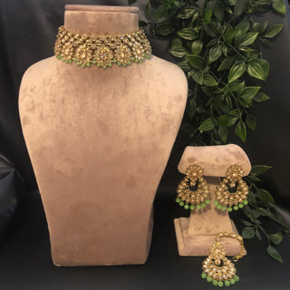 Pearly Antique Gold Necklace Set (Necklace Earrings Tikka) - Golden / Mint - Necklace Set