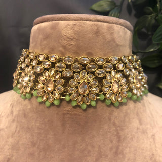Pearly Antique Gold Necklace Set (Necklace Earrings Tikka) - Golden / Mint - Necklace Set