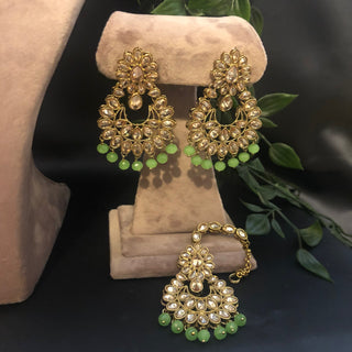 Pearly Antique Gold Necklace Set (Necklace Earrings Tikka) - Golden / Mint - Necklace Set