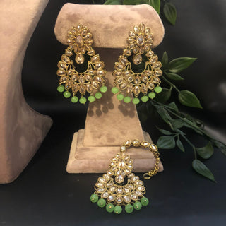 Pearly Antique Gold Necklace Set (Necklace Earrings Tikka) - Golden / Mint - Necklace Set