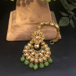 Pearly Antique Gold Necklace Set (Necklace Earrings Tikka) - Golden / Mint - Necklace Set