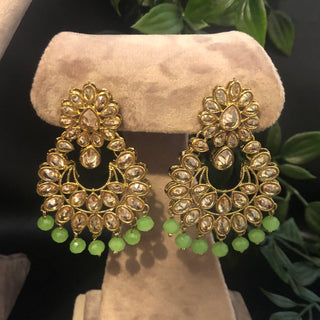 Pearly Antique Gold Necklace Set (Necklace Earrings Tikka) - Golden / Mint - Necklace Set