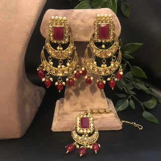 Pearly Antique Gold Necklace Set (Necklace Earrings Tikka) - Golden / Maroon - Necklace Set