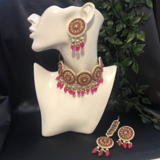 Pearly Antique Gold Necklace Set (Necklace Earrings Tikka) - Golden / Hot Pink - Necklace Set