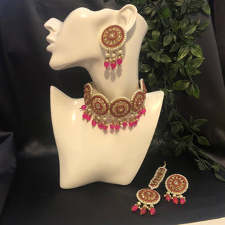 Pearly Antique Gold Necklace Set (Necklace Earrings Tikka) - Golden / Hot Pink - Necklace Set