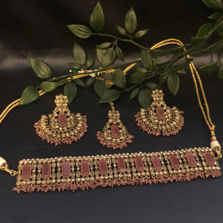 Pearly Antique Gold Necklace Set (Necklace Earrings Tikka) - Golden / Baby Pink - Necklace Set