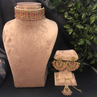 Pearly Antique Gold Necklace Set (Necklace Earrings Tikka) - Golden / Baby Pink - Necklace Set