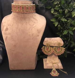 Pearly Antique Gold Necklace Set (Necklace Earrings Tikka) - Golden / Baby Pink - Necklace Set