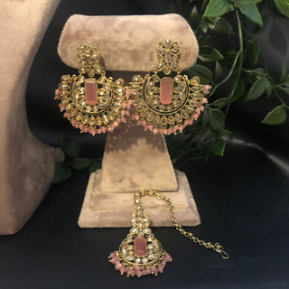 Pearly Antique Gold Necklace Set (Necklace Earrings Tikka) - Golden / Baby Pink - Necklace Set