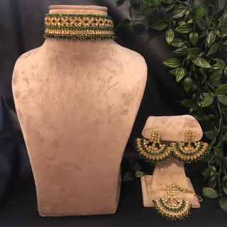 Pearly Antique Gold Necklace Set (Necklace Earrings Tikka) - Golden / Emerald Green - Necklace Set