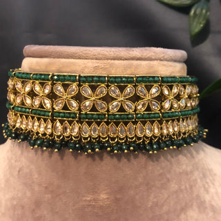 Pearly Antique Gold Necklace Set (Necklace Earrings Tikka) - Golden / Emerald Green - Necklace Set