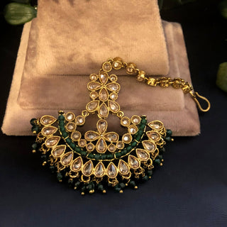 Pearly Antique Gold Necklace Set (Necklace Earrings Tikka) - Golden / Emerald Green - Necklace Set