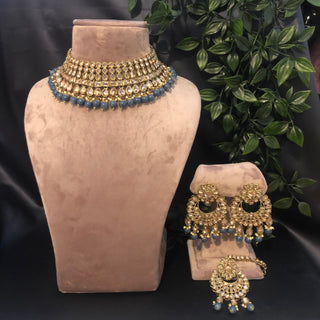 Pearly Antique Gold Necklace Set (Necklace Earrings Tikka) - Golden / Blue - Necklace Set
