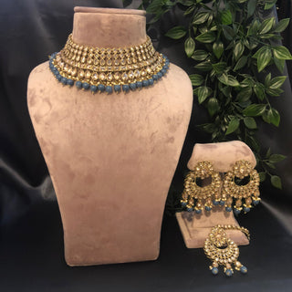 Pearly Antique Gold Necklace Set (Necklace Earrings Tikka) - Golden / Blue - Necklace Set