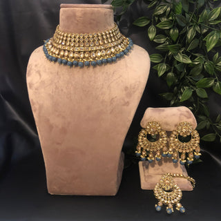 Pearly Antique Gold Necklace Set (Necklace Earrings Tikka) - Golden / Blue - Necklace Set