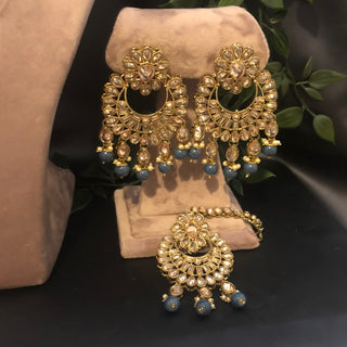 Pearly Antique Gold Necklace Set (Necklace Earrings Tikka) - Golden / Blue - Necklace Set