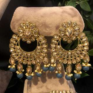 Pearly Antique Gold Necklace Set (Necklace Earrings Tikka) - Golden / Blue - Necklace Set
