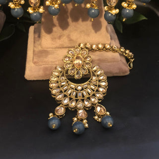 Pearly Antique Gold Necklace Set (Necklace Earrings Tikka) - Golden / Blue - Necklace Set