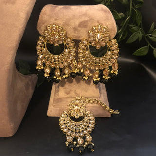 Pearly Antique Gold Necklace Set (Necklace Earrings Tikka) - Golden / Black - Necklace Set
