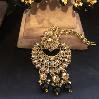 Pearly Antique Gold Necklace Set (Necklace Earrings Tikka) - Golden / Black - Necklace Set