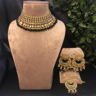 Pearly Antique Gold Necklace Set (Necklace Earrings Tikka) - Golden / Black - Necklace Set