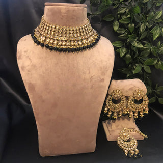 Pearly Antique Gold Necklace Set (Necklace Earrings Tikka) - Golden / Black - Necklace Set