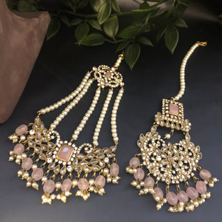 Pearly Antique Gold Necklace Set (Necklace Earrings Tikka) - Golden / Baby Pink - Necklace Set